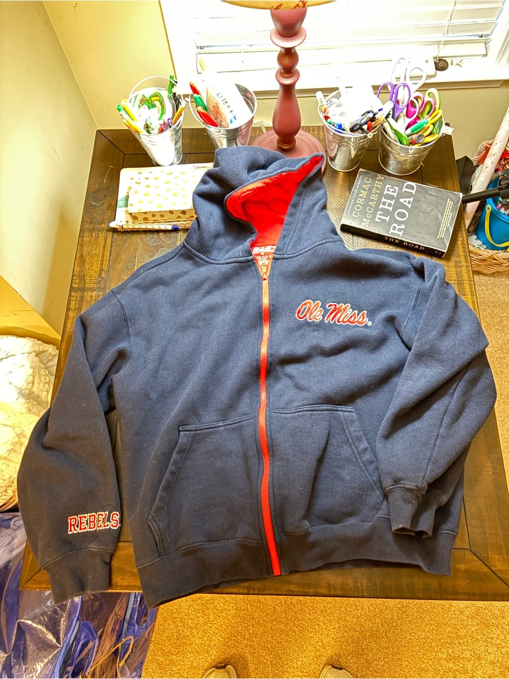 Ole Miss Kids Navy Hoodie Jacket with Red Trim
